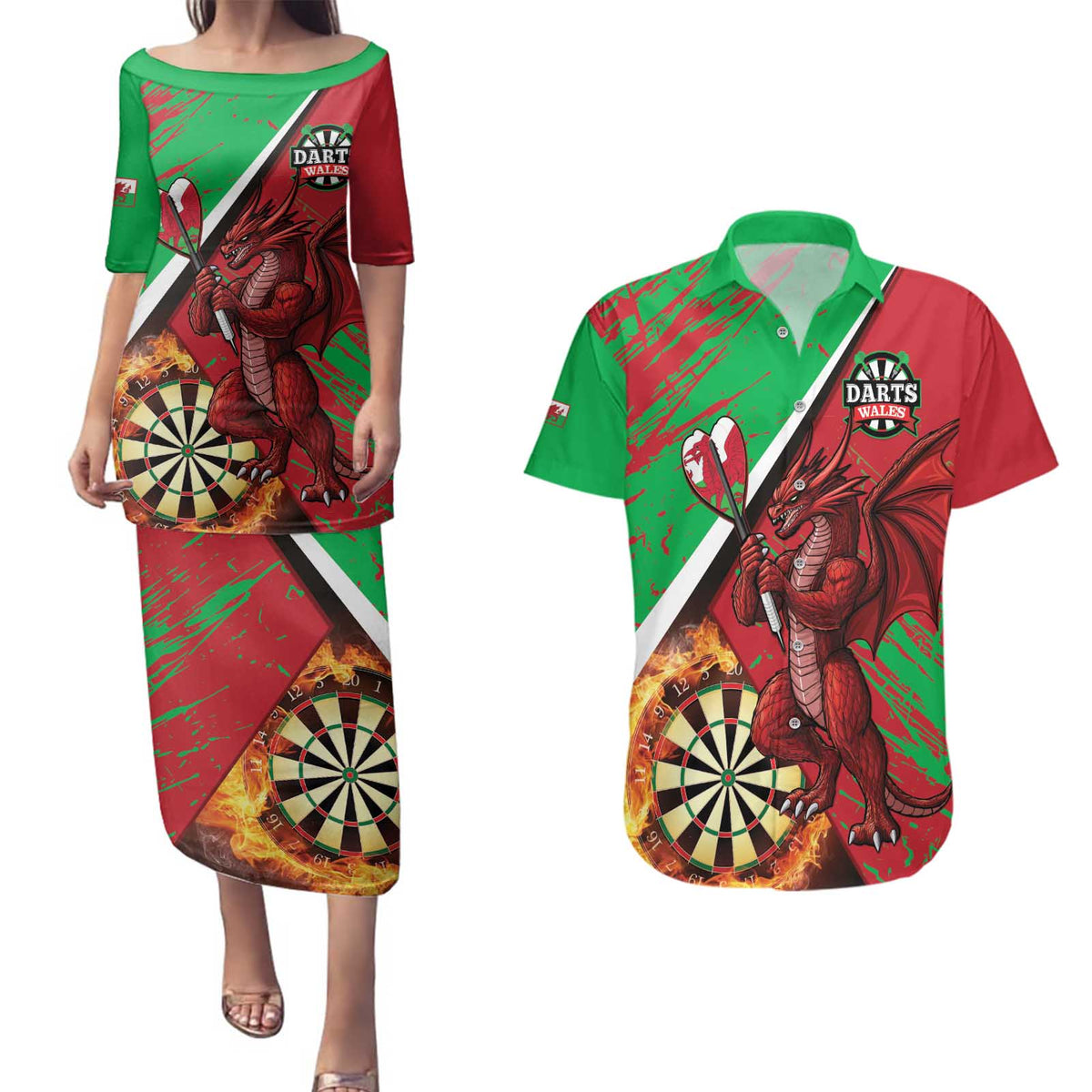 Personalised Wales Darts Couples Matching Puletasi and Hawaiian Shirt Welsh Dragon - Grunge Style - Wonder Print Shop
