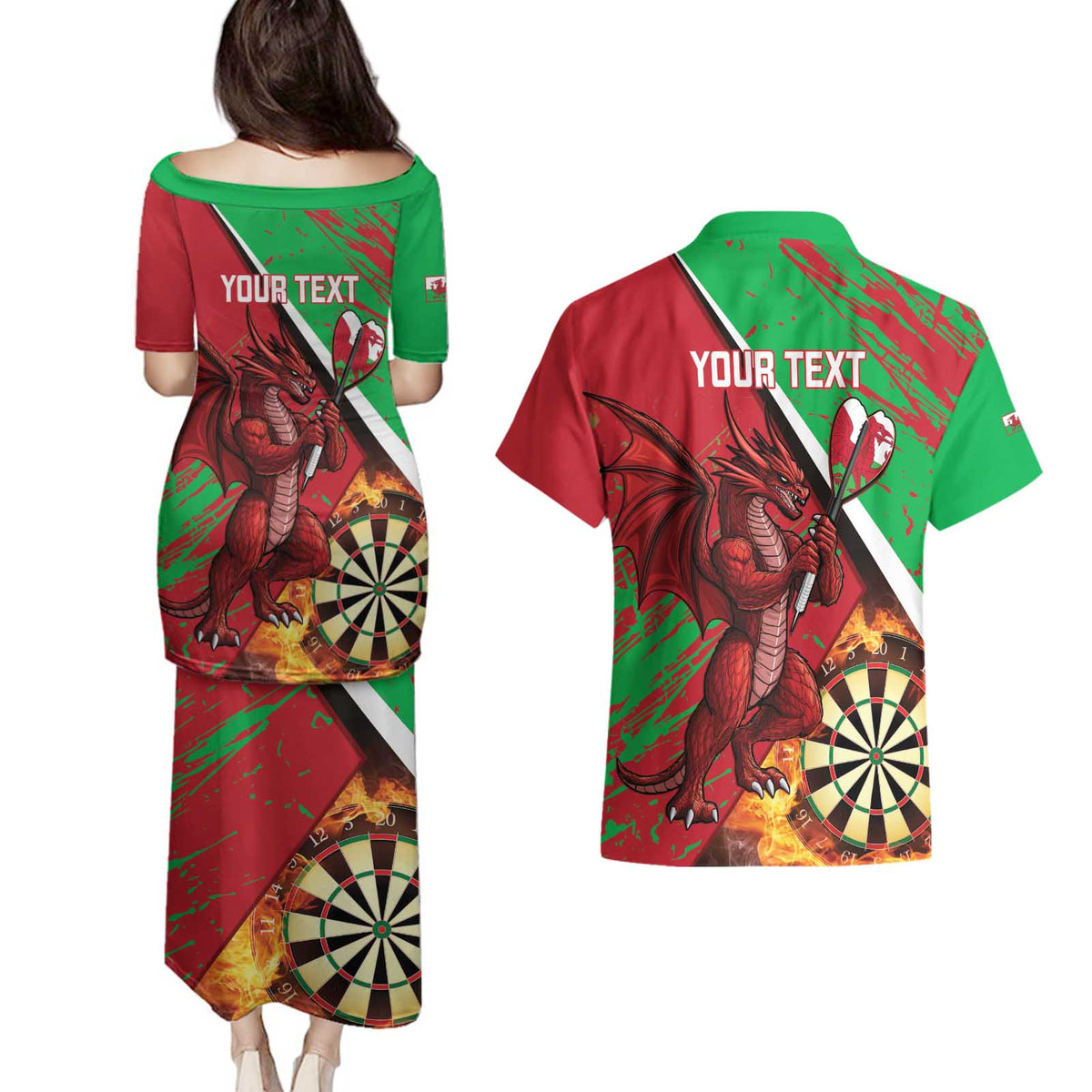 Personalised Wales Darts Couples Matching Puletasi and Hawaiian Shirt Welsh Dragon - Grunge Style - Wonder Print Shop