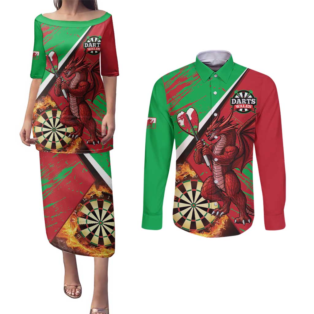 Personalised Wales Darts Couples Matching Puletasi and Long Sleeve Button Shirt Welsh Dragon - Grunge Style - Wonder Print Shop