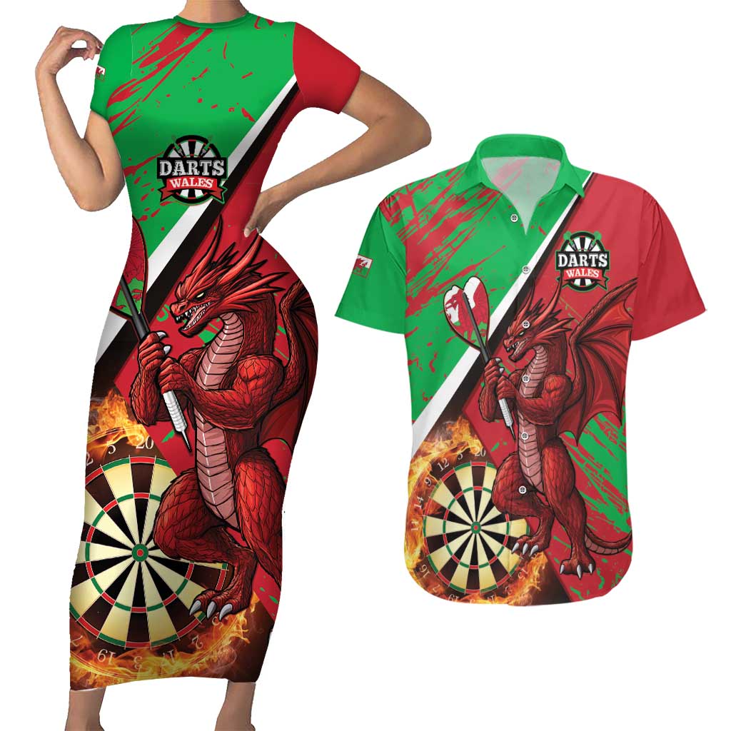 Personalised Wales Darts Couples Matching Short Sleeve Bodycon Dress and Hawaiian Shirt Welsh Dragon - Grunge Style - Wonder Print Shop