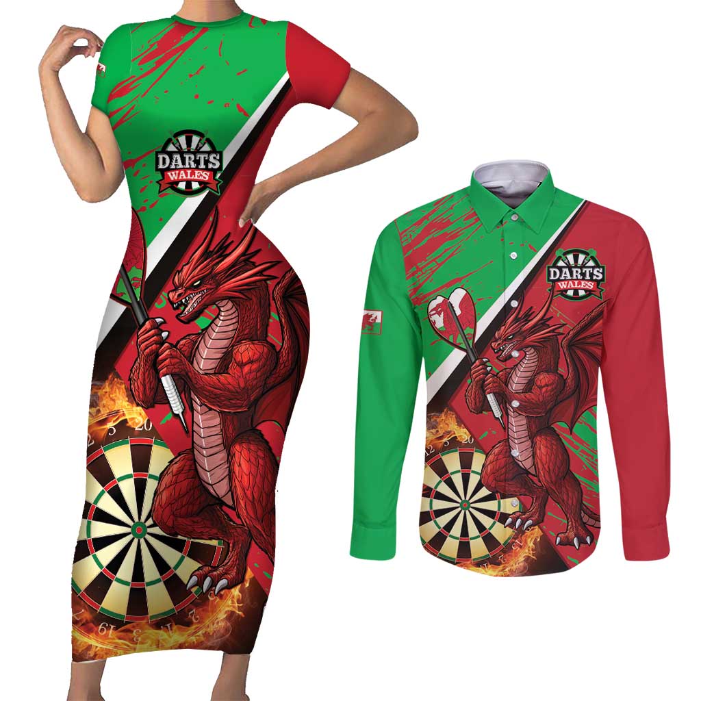Personalised Wales Darts Couples Matching Short Sleeve Bodycon Dress and Long Sleeve Button Shirt Welsh Dragon - Grunge Style - Wonder Print Shop