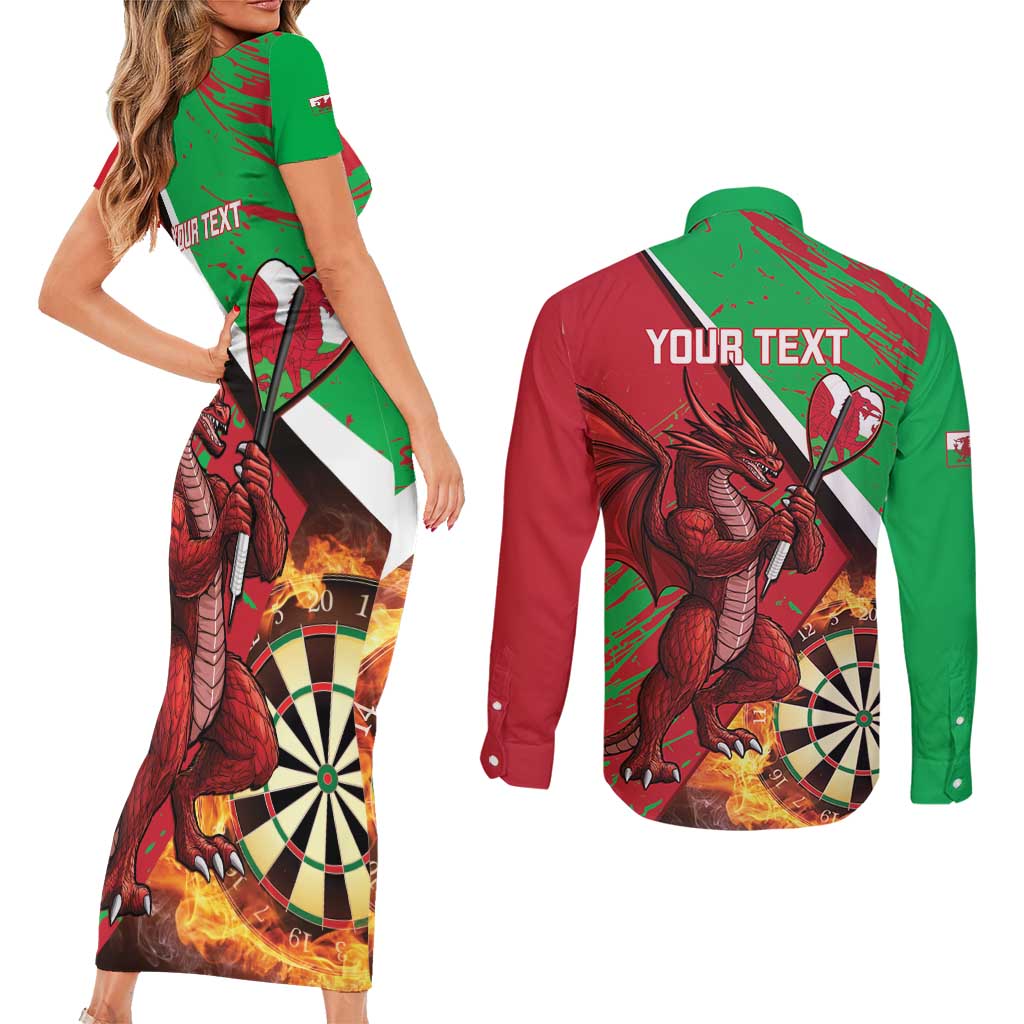 Personalised Wales Darts Couples Matching Short Sleeve Bodycon Dress and Long Sleeve Button Shirt Welsh Dragon - Grunge Style - Wonder Print Shop