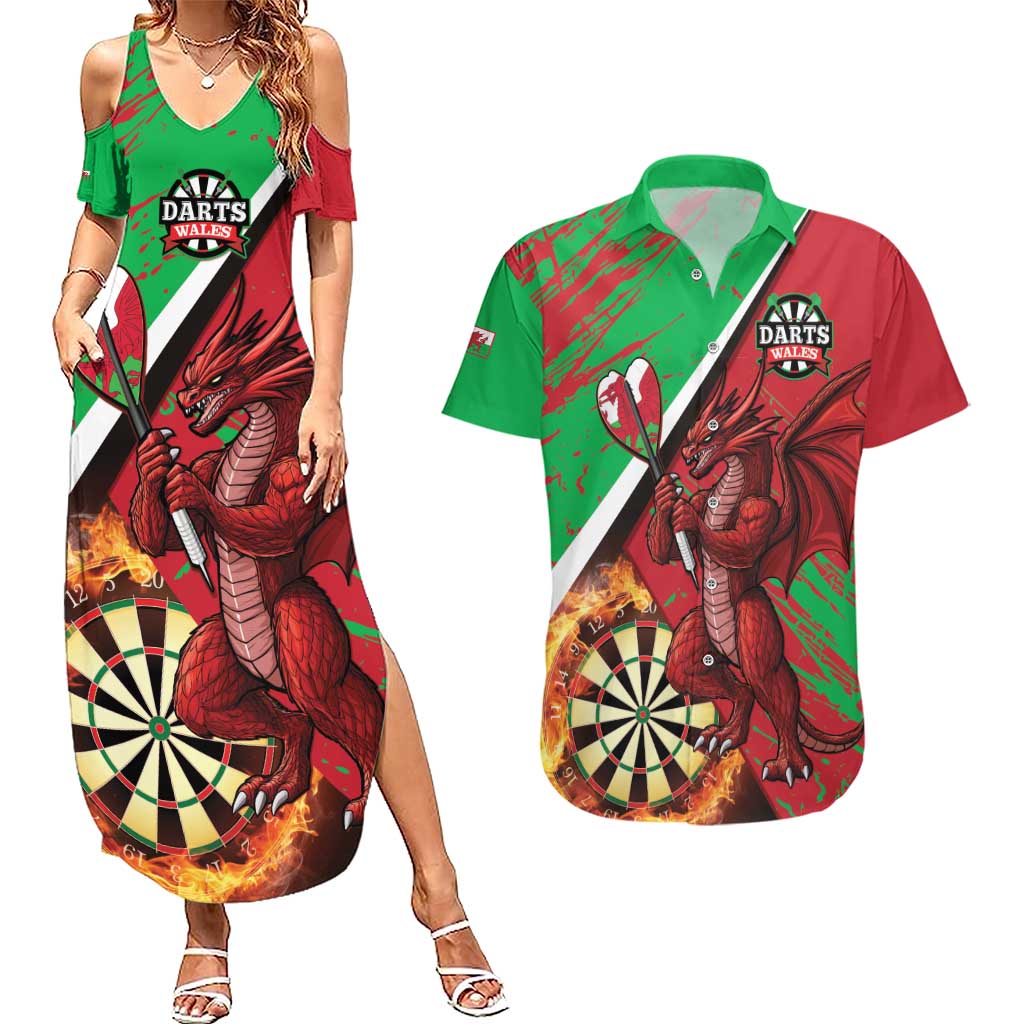 Personalised Wales Darts Couples Matching Summer Maxi Dress and Hawaiian Shirt Welsh Dragon - Grunge Style - Wonder Print Shop