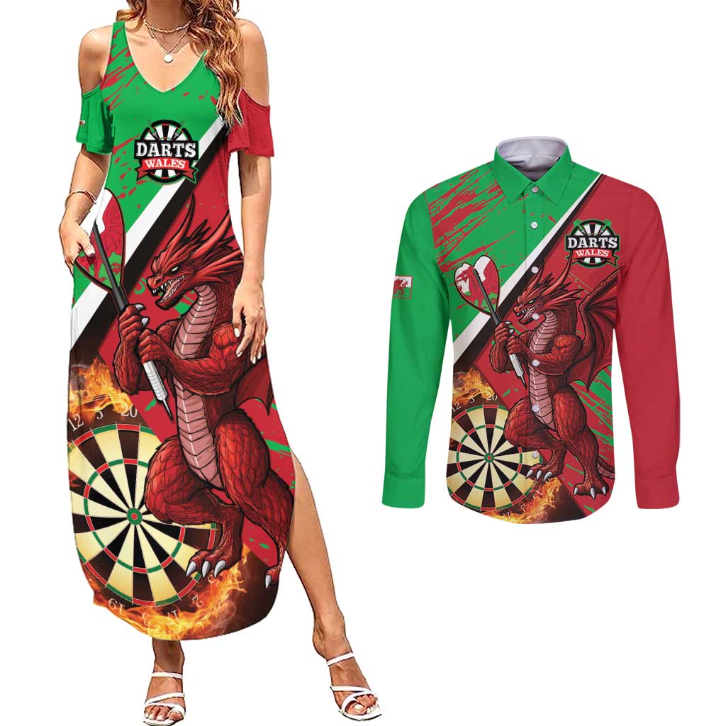 Personalised Wales Darts Couples Matching Summer Maxi Dress and Long Sleeve Button Shirt Welsh Dragon - Grunge Style - Wonder Print Shop