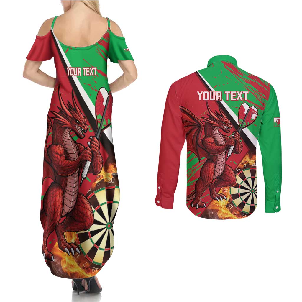 Personalised Wales Darts Couples Matching Summer Maxi Dress and Long Sleeve Button Shirt Welsh Dragon - Grunge Style - Wonder Print Shop