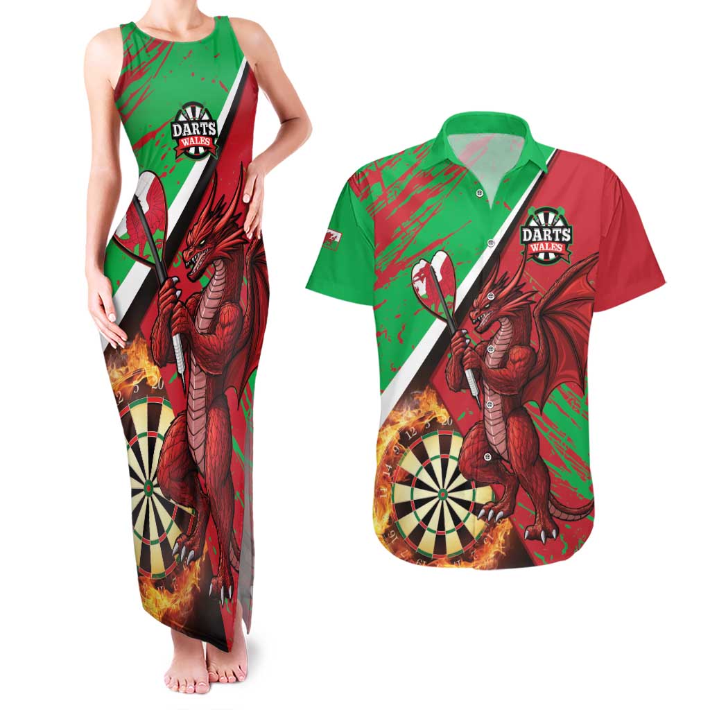 Personalised Wales Darts Couples Matching Tank Maxi Dress and Hawaiian Shirt Welsh Dragon - Grunge Style - Wonder Print Shop