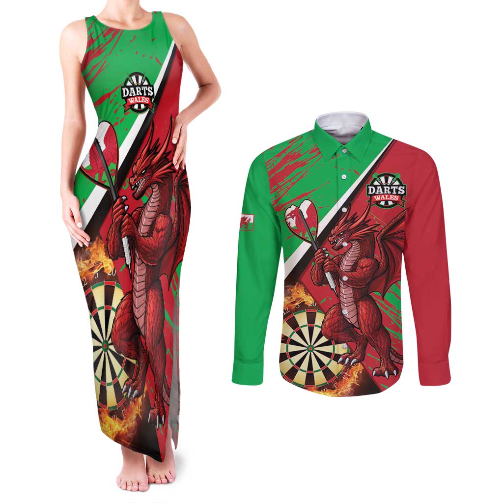 Personalised Wales Darts Couples Matching Tank Maxi Dress and Long Sleeve Button Shirt Welsh Dragon - Grunge Style - Wonder Print Shop