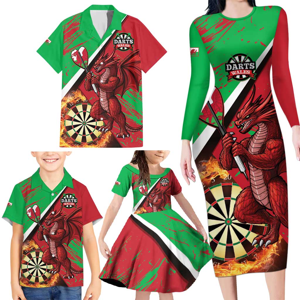 Personalised Wales Darts Family Matching Long Sleeve Bodycon Dress and Hawaiian Shirt Welsh Dragon - Grunge Style - Wonder Print Shop