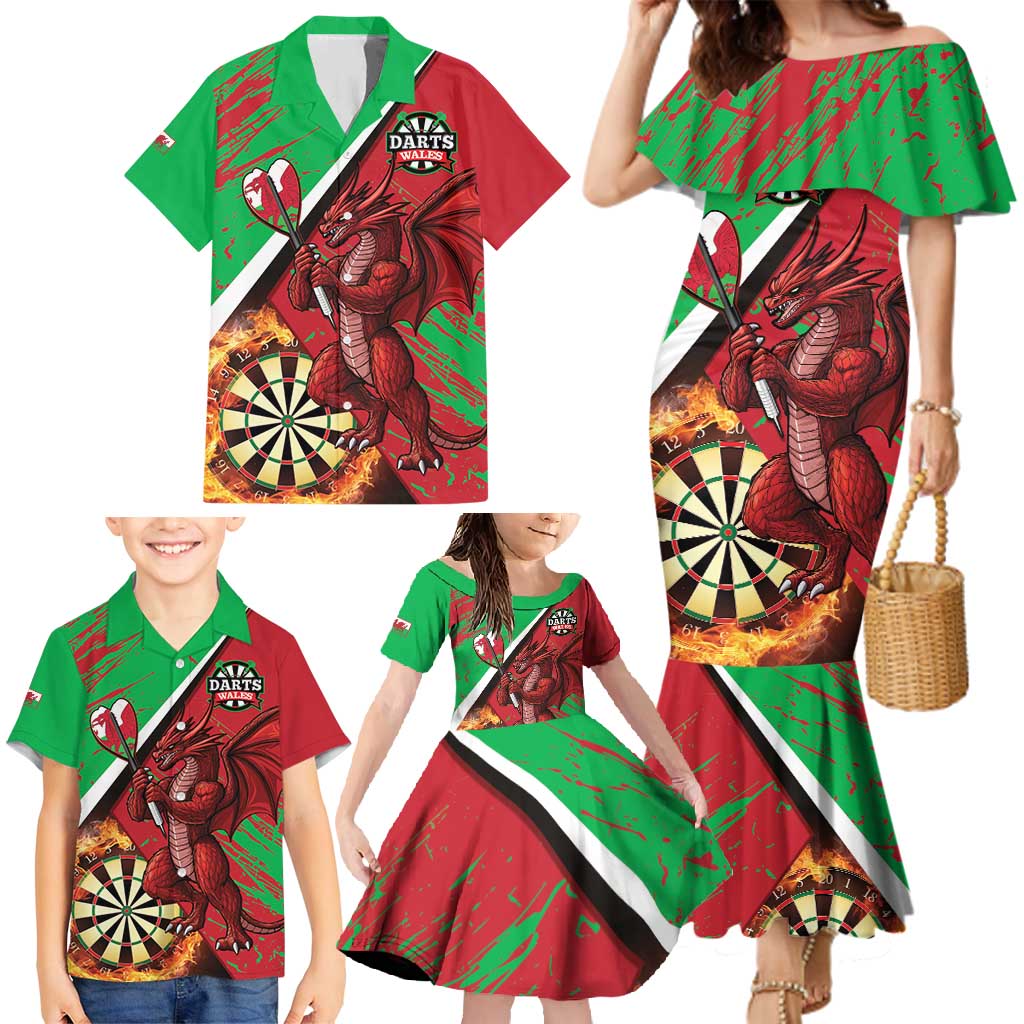 Personalised Wales Darts Family Matching Mermaid Dress and Hawaiian Shirt Welsh Dragon - Grunge Style - Wonder Print Shop