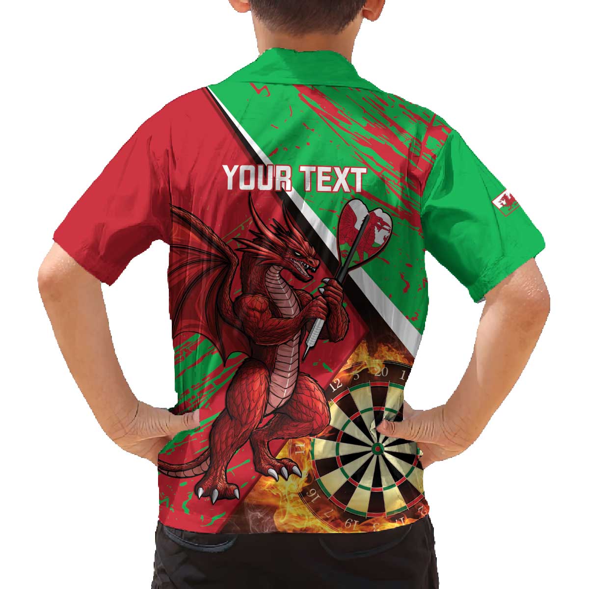 Personalised Wales Darts Family Matching Off The Shoulder Long Sleeve Dress and Hawaiian Shirt Welsh Dragon - Grunge Style - Wonder Print Shop