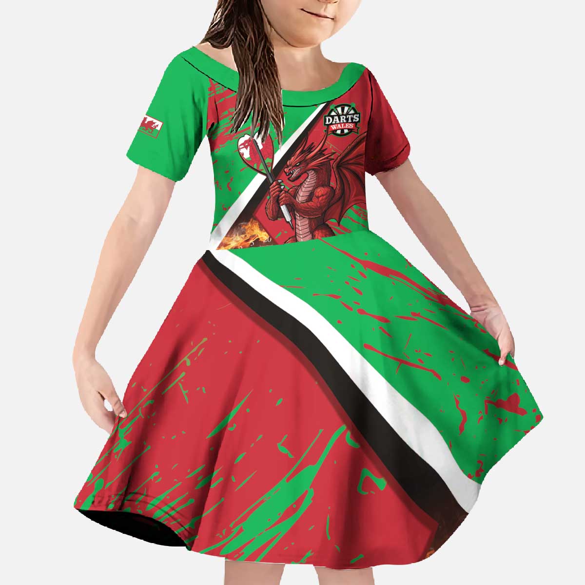 Personalised Wales Darts Family Matching Off The Shoulder Long Sleeve Dress and Hawaiian Shirt Welsh Dragon - Grunge Style - Wonder Print Shop