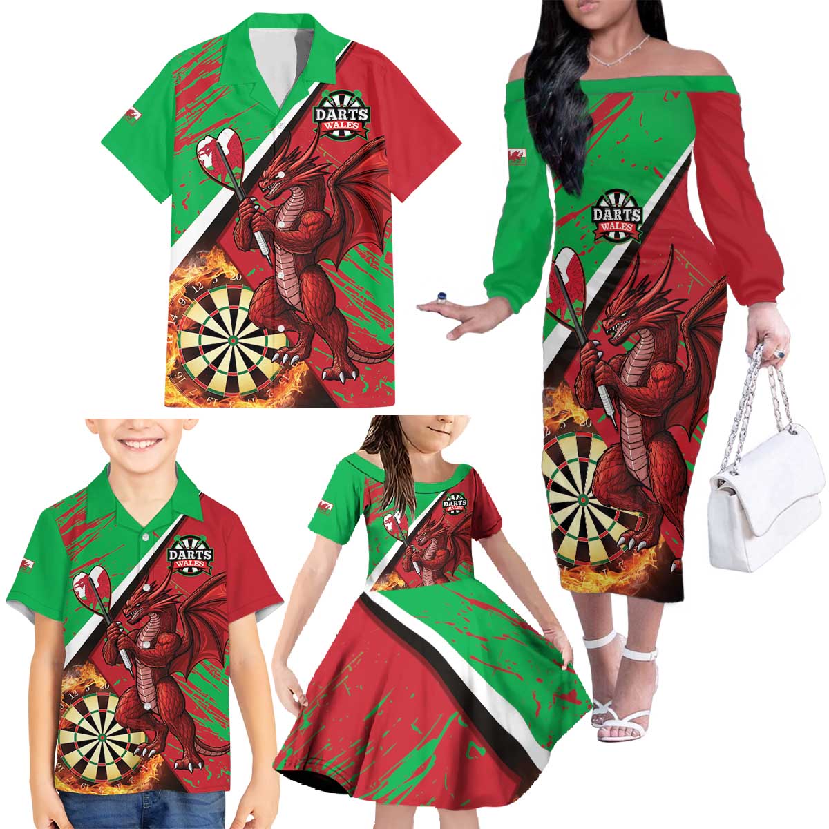 Personalised Wales Darts Family Matching Off The Shoulder Long Sleeve Dress and Hawaiian Shirt Welsh Dragon - Grunge Style - Wonder Print Shop