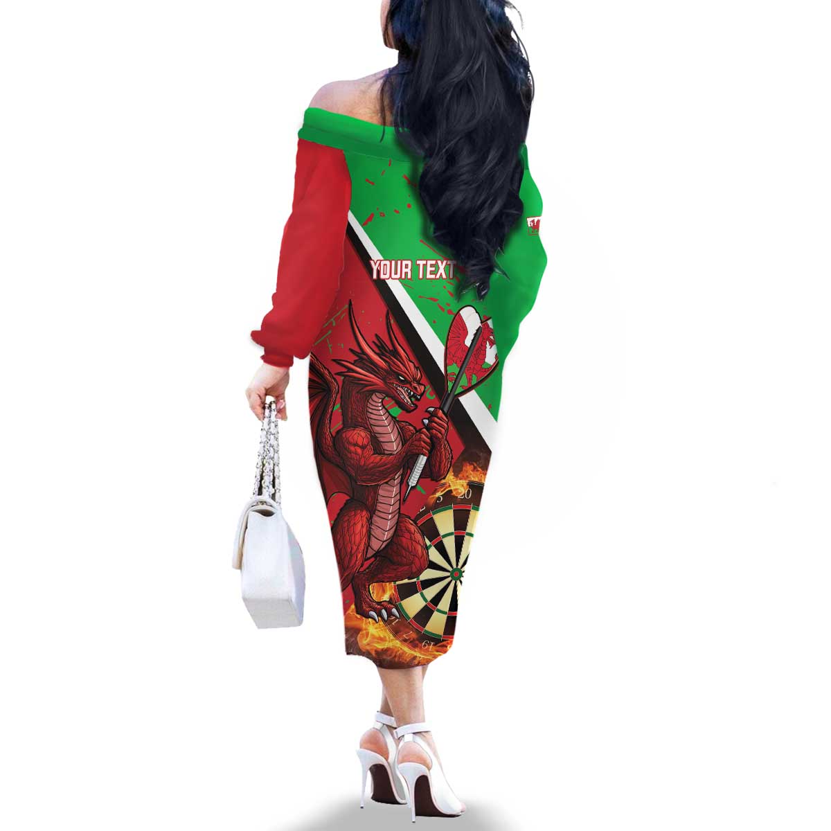 Personalised Wales Darts Family Matching Off The Shoulder Long Sleeve Dress and Hawaiian Shirt Welsh Dragon - Grunge Style - Wonder Print Shop