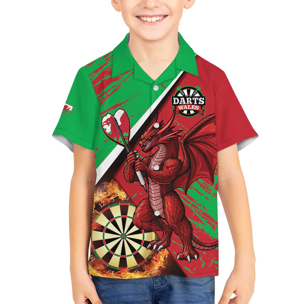 Personalised Wales Darts Family Matching Off The Shoulder Long Sleeve Dress and Hawaiian Shirt Welsh Dragon - Grunge Style - Wonder Print Shop