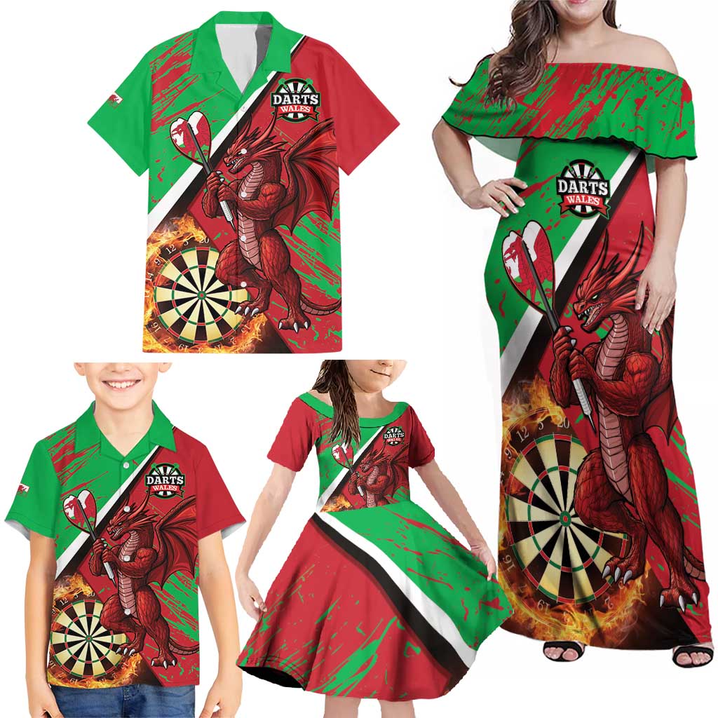 Personalised Wales Darts Family Matching Off Shoulder Maxi Dress and Hawaiian Shirt Welsh Dragon - Grunge Style - Wonder Print Shop
