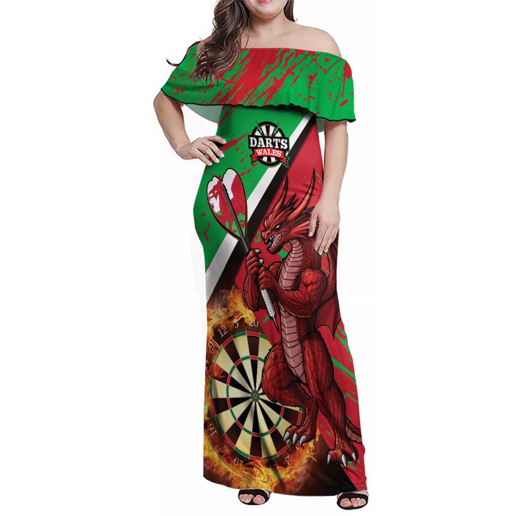 Personalised Wales Darts Family Matching Off Shoulder Maxi Dress and Hawaiian Shirt Welsh Dragon - Grunge Style - Wonder Print Shop
