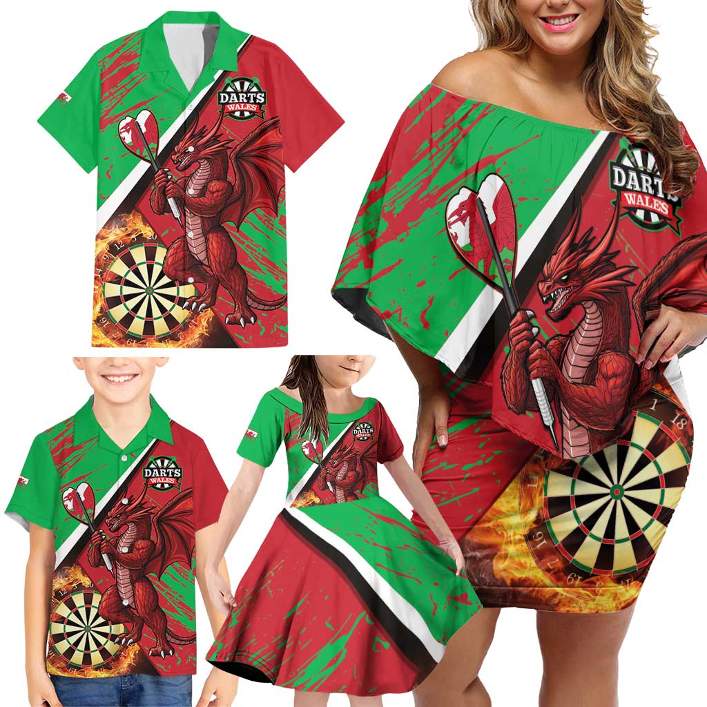 Personalised Wales Darts Family Matching Off Shoulder Short Dress and Hawaiian Shirt Welsh Dragon - Grunge Style - Wonder Print Shop