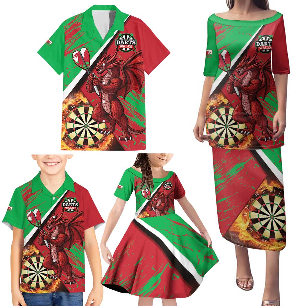 Personalised Wales Darts Family Matching Puletasi and Hawaiian Shirt Welsh Dragon - Grunge Style - Wonder Print Shop