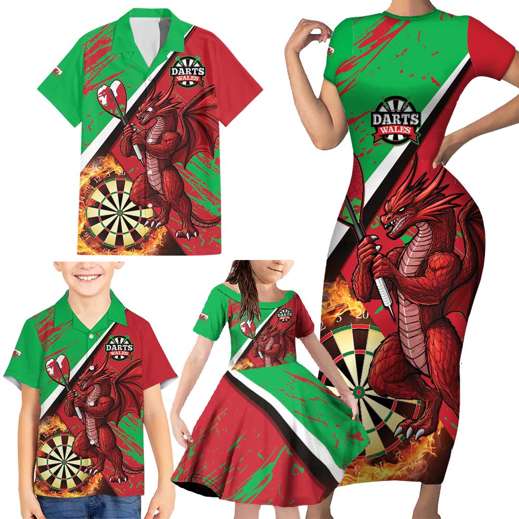 Personalised Wales Darts Family Matching Short Sleeve Bodycon Dress and Hawaiian Shirt Welsh Dragon - Grunge Style - Wonder Print Shop