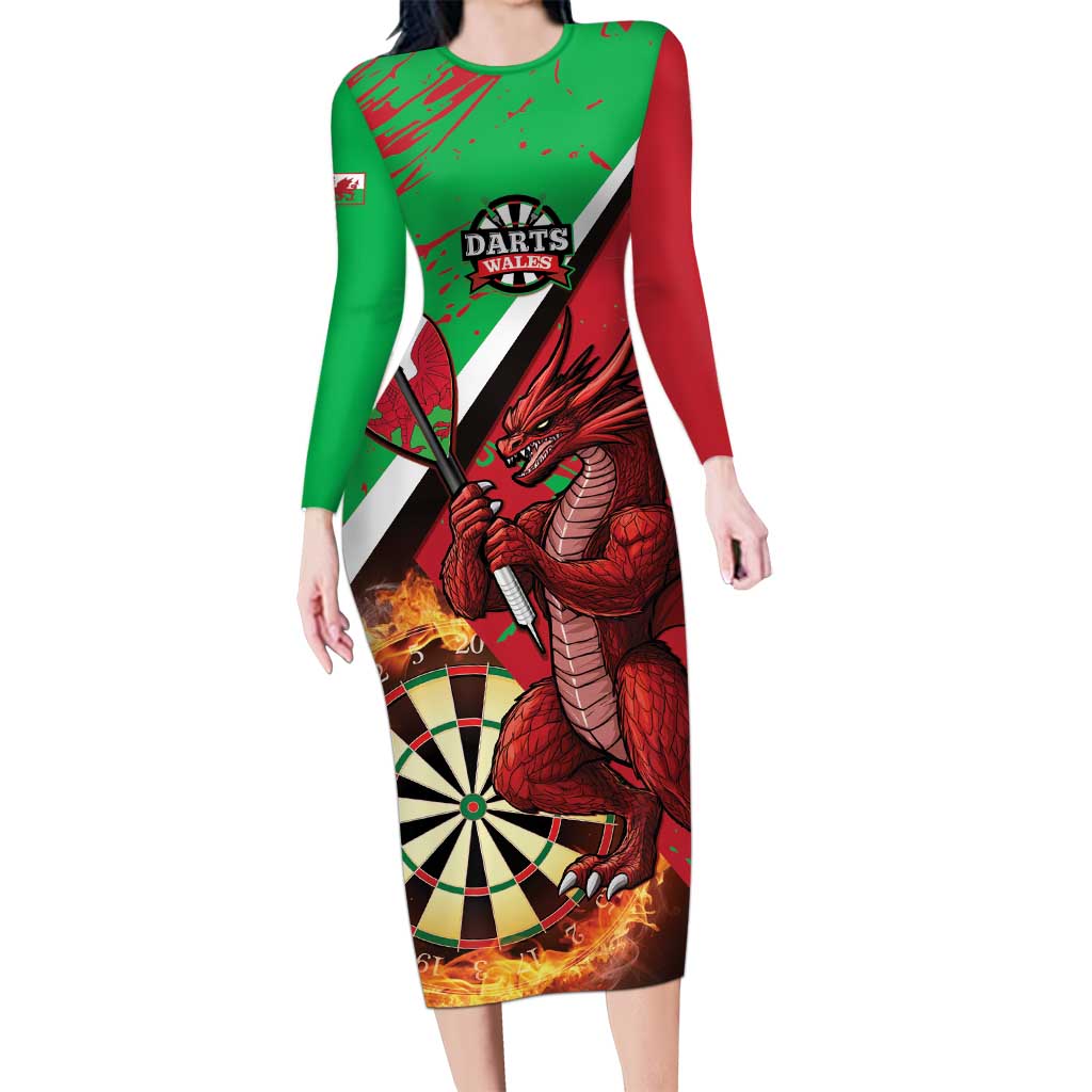 Personalised Wales Darts Long Sleeve Bodycon Dress Welsh Dragon - Grunge Style - Wonder Print Shop