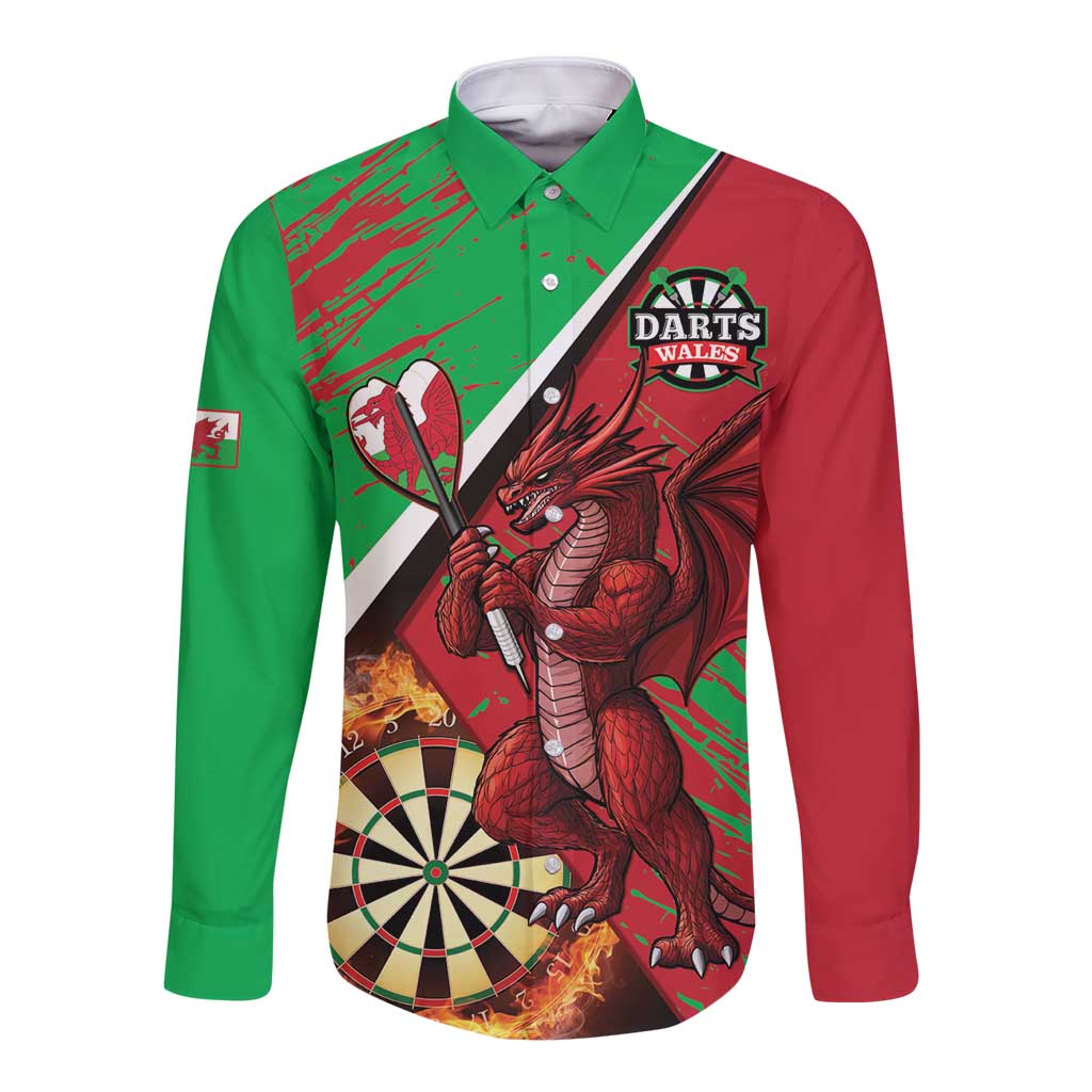 Personalised Wales Darts Long Sleeve Button Shirt Welsh Dragon - Grunge Style - Wonder Print Shop
