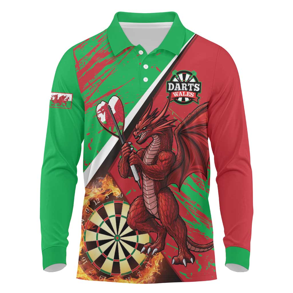 Personalised Wales Darts Long Sleeve Polo Shirt Welsh Dragon - Grunge Style - Wonder Print Shop