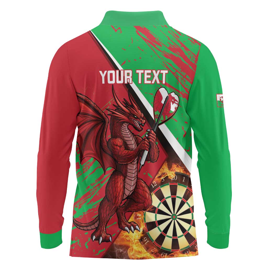 Personalised Wales Darts Long Sleeve Polo Shirt Welsh Dragon - Grunge Style - Wonder Print Shop