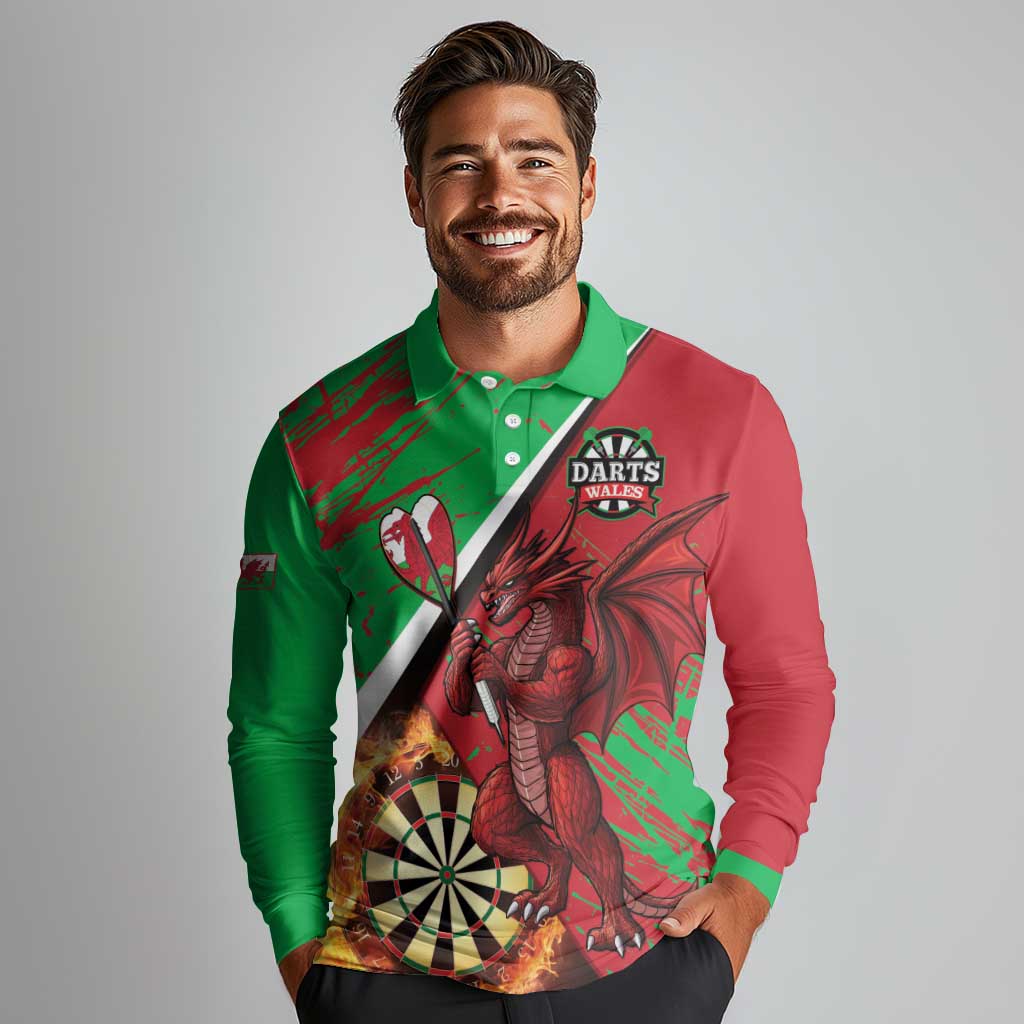 Personalised Wales Darts Long Sleeve Polo Shirt Welsh Dragon - Grunge Style - Wonder Print Shop