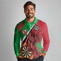 Personalised Wales Darts Long Sleeve Polo Shirt Welsh Dragon - Grunge Style - Wonder Print Shop
