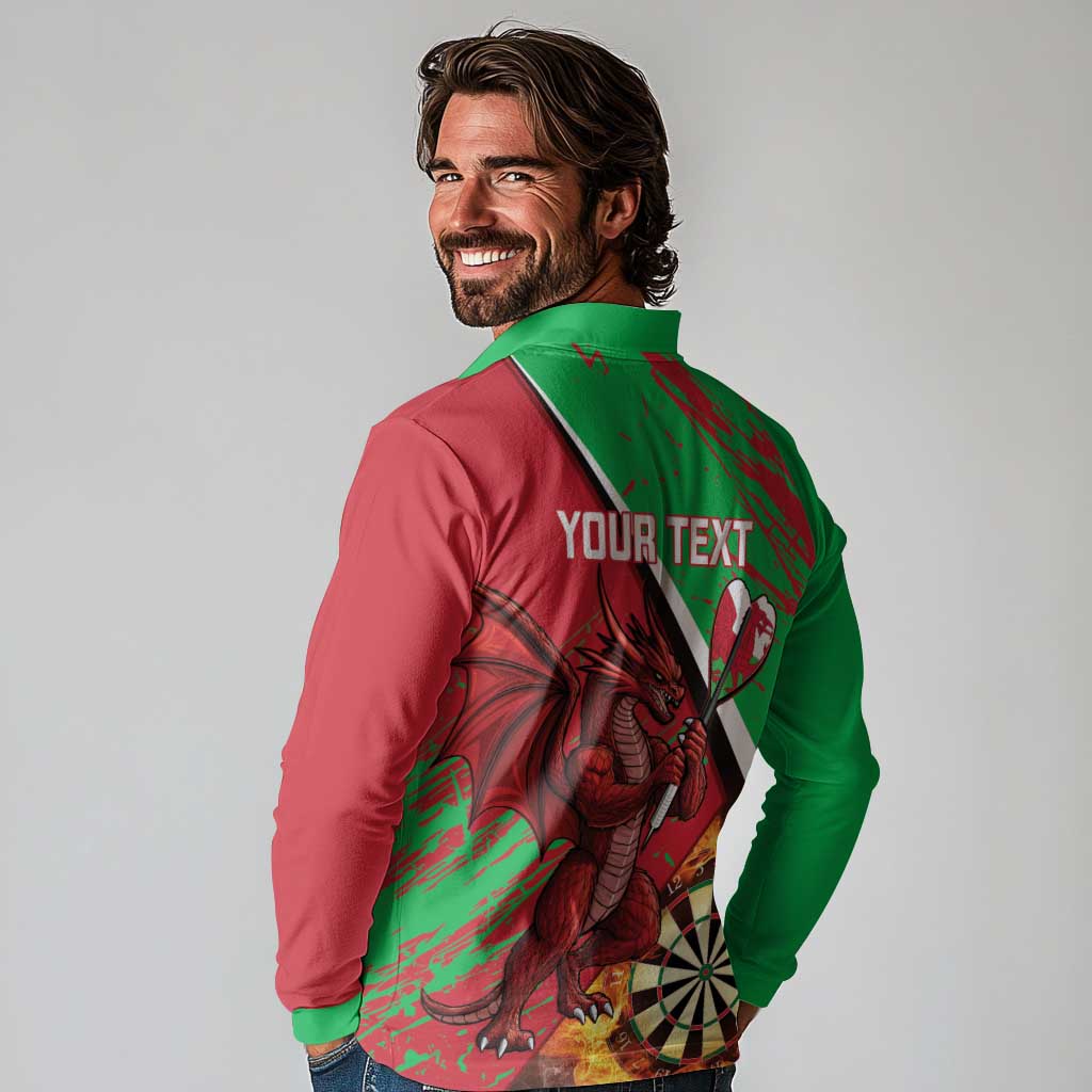 Personalised Wales Darts Long Sleeve Polo Shirt Welsh Dragon - Grunge Style - Wonder Print Shop