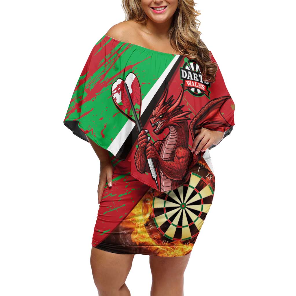 Personalised Wales Darts Off Shoulder Short Dress Welsh Dragon - Grunge Style - Wonder Print Shop