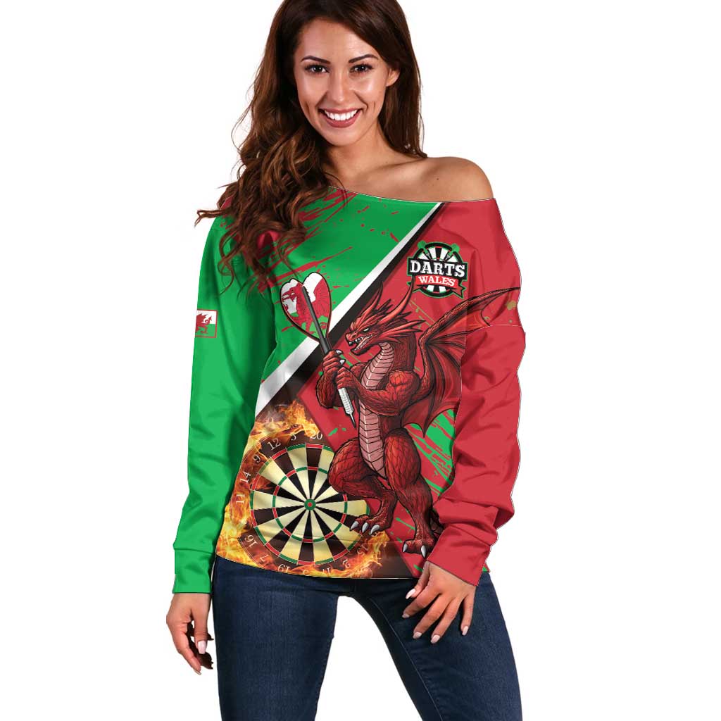 Personalised Wales Darts Off Shoulder Sweater Welsh Dragon - Grunge Style - Wonder Print Shop