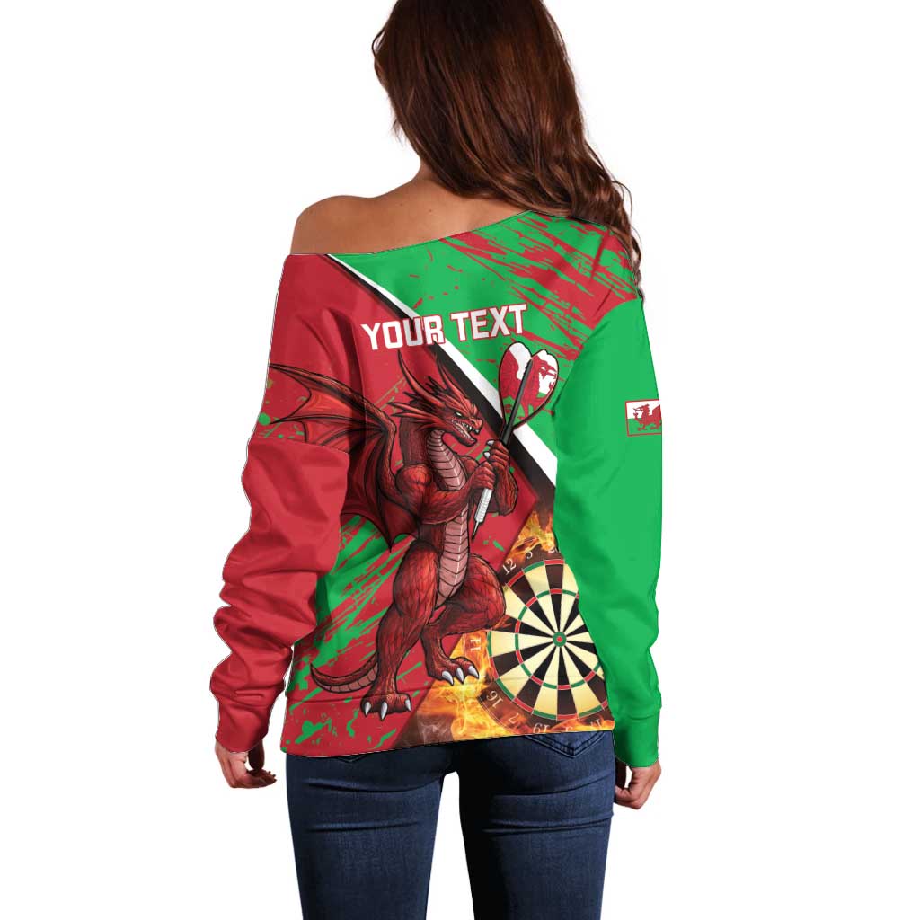 Personalised Wales Darts Off Shoulder Sweater Welsh Dragon - Grunge Style - Wonder Print Shop