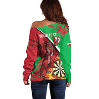 Personalised Wales Darts Off Shoulder Sweater Welsh Dragon - Grunge Style - Wonder Print Shop