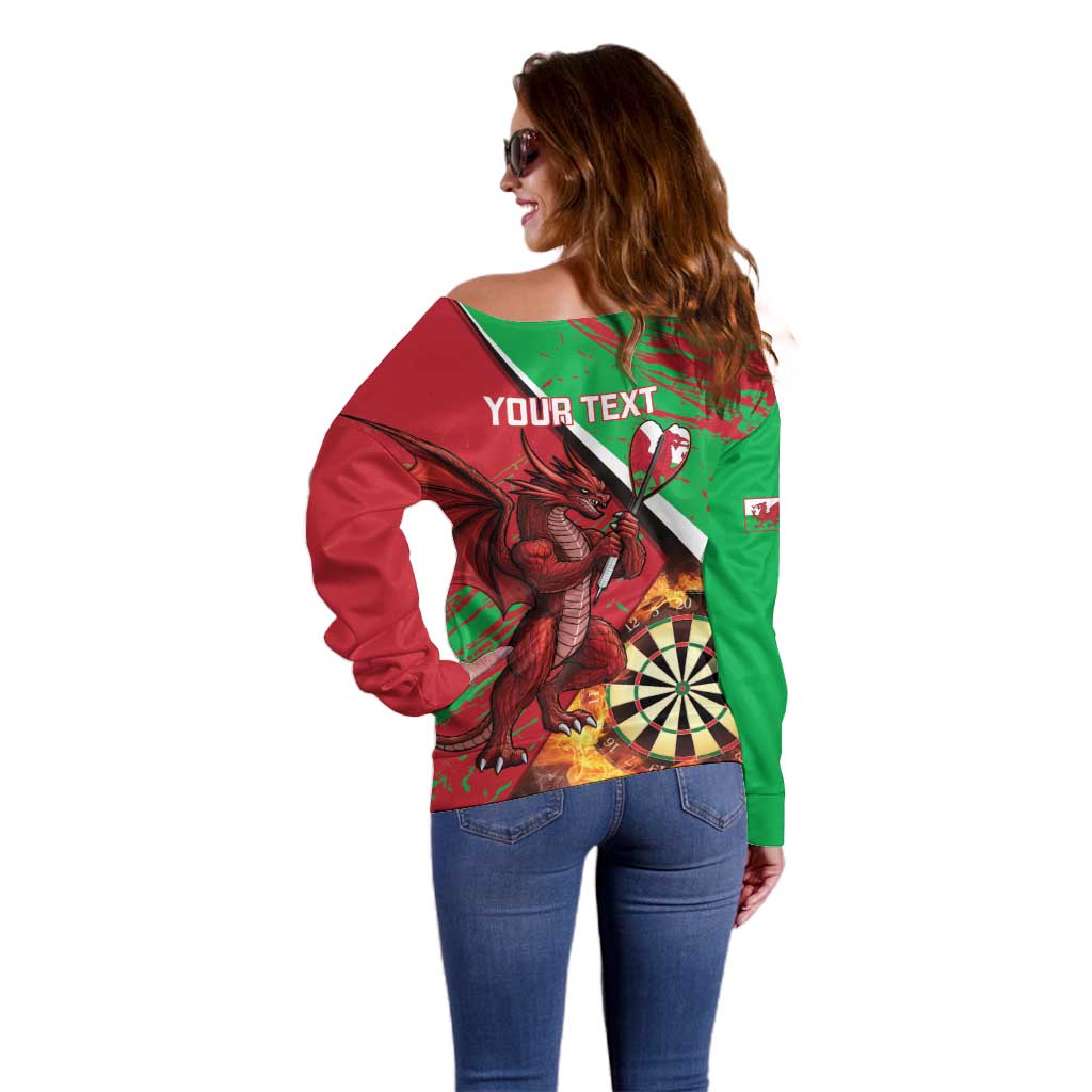 Personalised Wales Darts Off Shoulder Sweater Welsh Dragon - Grunge Style - Wonder Print Shop