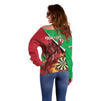 Personalised Wales Darts Off Shoulder Sweater Welsh Dragon - Grunge Style - Wonder Print Shop