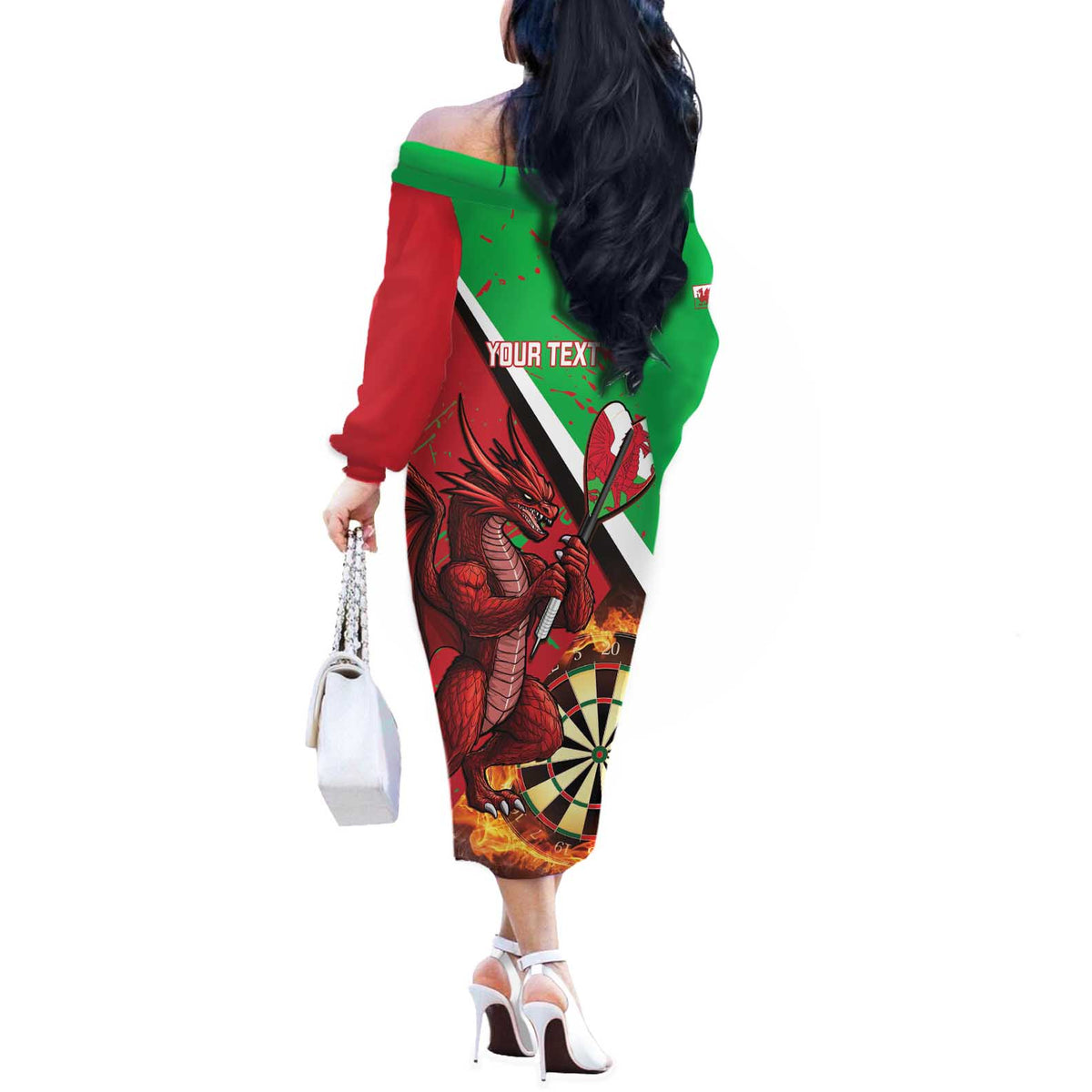 Personalised Wales Darts Off The Shoulder Long Sleeve Dress Welsh Dragon - Grunge Style - Wonder Print Shop