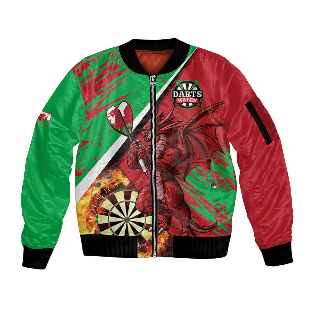 Personalised Wales Darts Sleeve Zip Bomber Jacket Welsh Dragon - Grunge Style - Wonder Print Shop