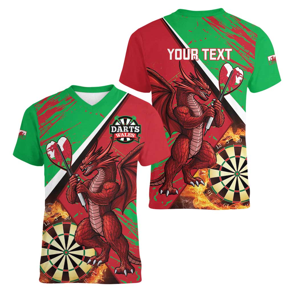 Personalised Wales Darts Women V-Neck T-Shirt Welsh Dragon - Grunge Style - Wonder Print Shop
