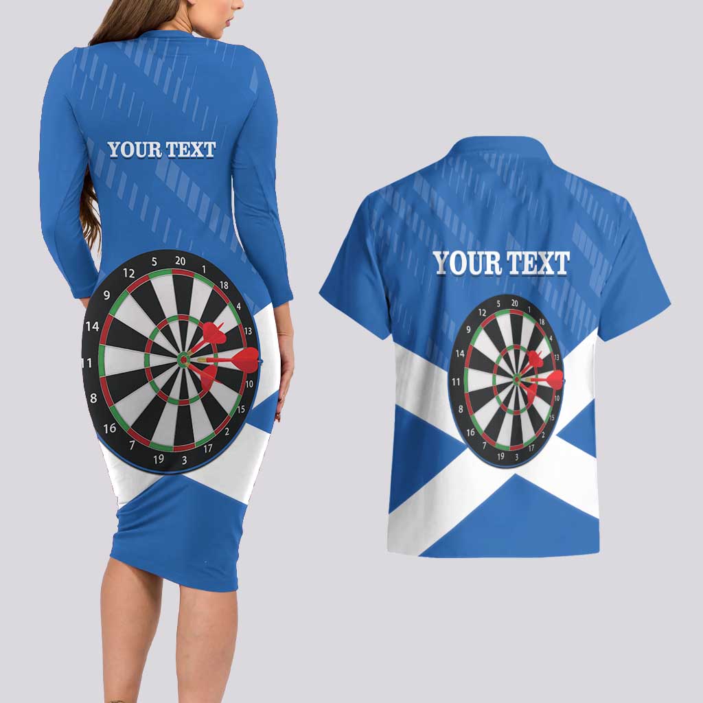 Personalised Scotland Darts Couples Matching Long Sleeve Bodycon Dress and Hawaiian Shirt Scottish Thistle - Flag Style - Wonder Print Shop