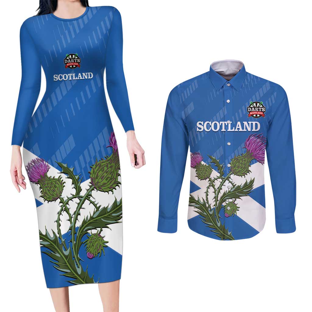 Personalised Scotland Darts Couples Matching Long Sleeve Bodycon Dress and Long Sleeve Button Shirt Scottish Thistle - Flag Style - Wonder Print Shop