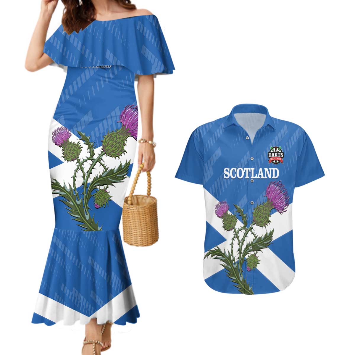 Personalised Scotland Darts Couples Matching Mermaid Dress and Hawaiian Shirt Scottish Thistle - Flag Style - Wonder Print Shop
