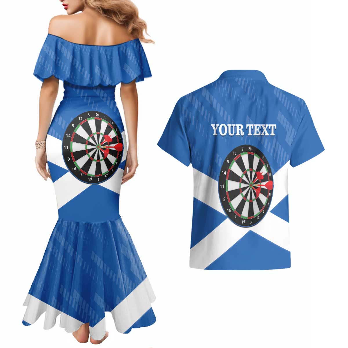Personalised Scotland Darts Couples Matching Mermaid Dress and Hawaiian Shirt Scottish Thistle - Flag Style - Wonder Print Shop