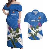 Personalised Scotland Darts Couples Matching Off Shoulder Maxi Dress and Hawaiian Shirt Scottish Thistle - Flag Style - Wonder Print Shop
