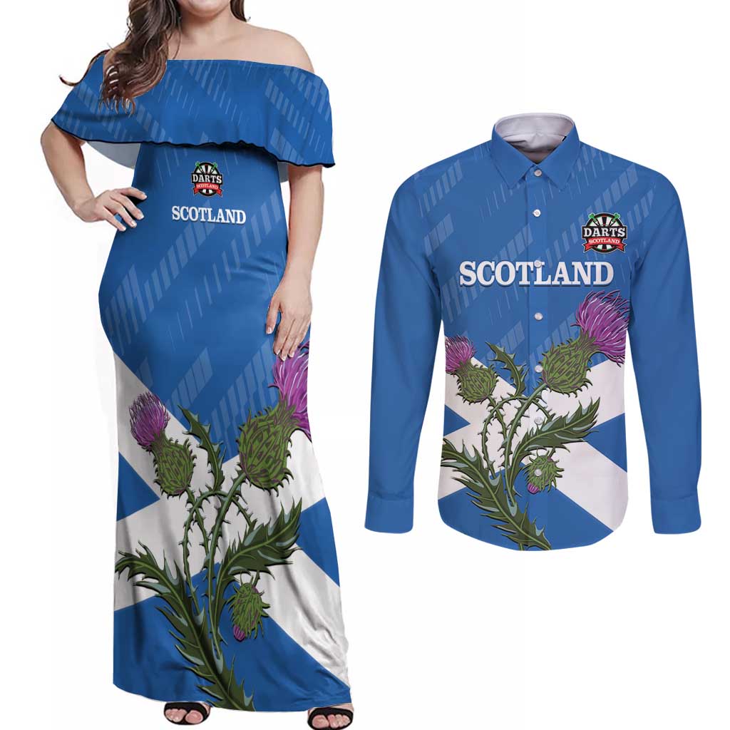 Personalised Scotland Darts Couples Matching Off Shoulder Maxi Dress and Long Sleeve Button Shirt Scottish Thistle - Flag Style - Wonder Print Shop