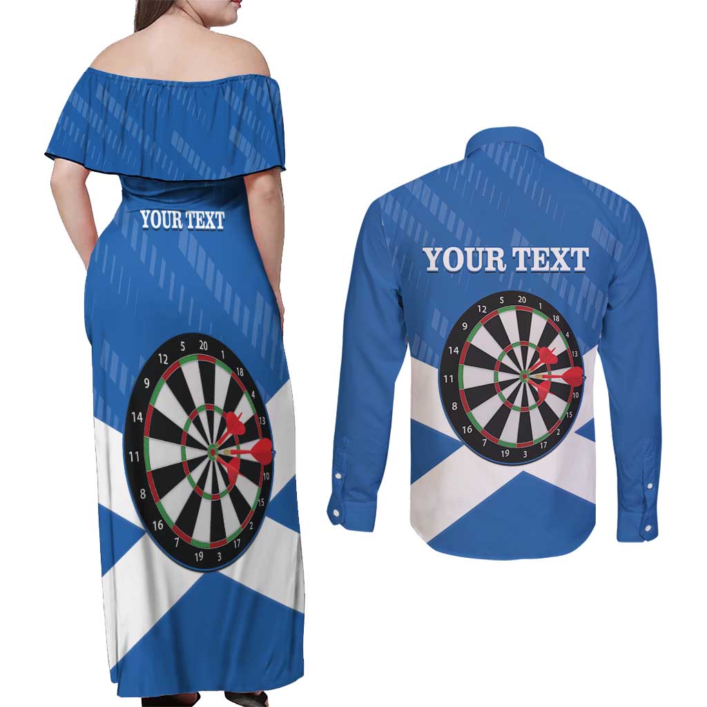 Personalised Scotland Darts Couples Matching Off Shoulder Maxi Dress and Long Sleeve Button Shirt Scottish Thistle - Flag Style - Wonder Print Shop