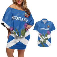 Personalised Scotland Darts Couples Matching Off Shoulder Short Dress and Hawaiian Shirt Scottish Thistle - Flag Style - Wonder Print Shop