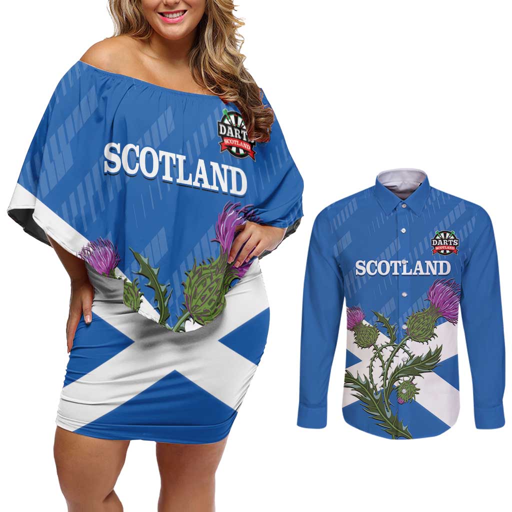 Personalised Scotland Darts Couples Matching Off Shoulder Short Dress and Long Sleeve Button Shirt Scottish Thistle - Flag Style - Wonder Print Shop