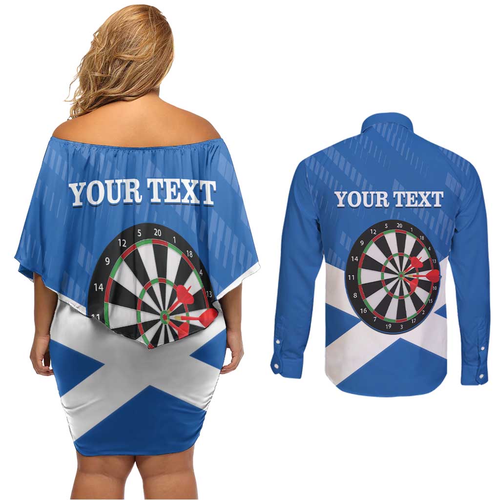 Personalised Scotland Darts Couples Matching Off Shoulder Short Dress and Long Sleeve Button Shirt Scottish Thistle - Flag Style - Wonder Print Shop