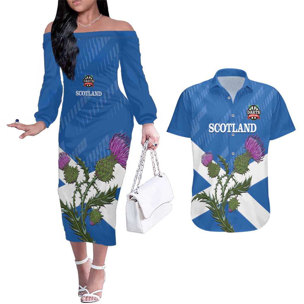 Personalised Scotland Darts Couples Matching Off The Shoulder Long Sleeve Dress and Hawaiian Shirt Scottish Thistle - Flag Style - Wonder Print Shop